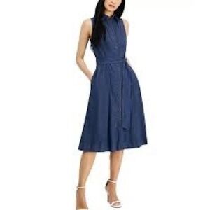 Anne Klein Jeans Womens Denim Sleeveless Belted Midi Shirt Dress Dark Wash 24W
